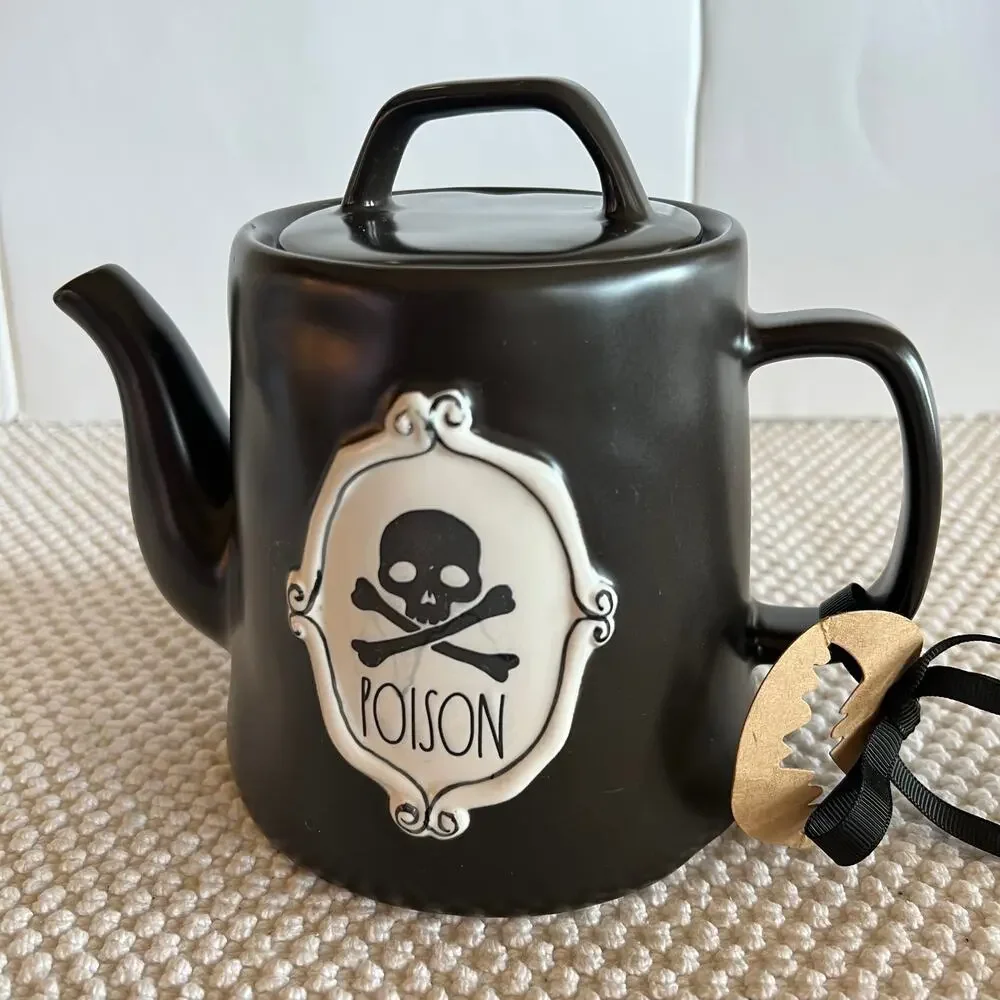 Rae Dunn Halloween Black Poison Teapot Witch Brew Party Skull Bones